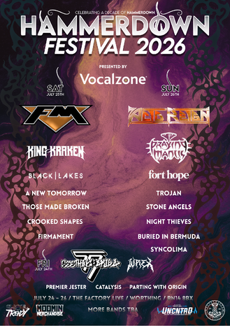 Hammerdown Festival 2026 line-up poster - FM to headline Hammerdown on Saturday 25 July 2026