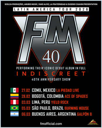 FM "Indiscreet" 40th Anniversary Latin America tour poster - February / March 2026 - Mexico, Colombia, Peru, Brazil, Argentina 